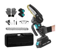 Scie à branches 4 pouces, puissance 400 W. Deux batteries 21 V incluses. Lubrificateur à bouton-poussoir. Mallette, chaîne supplémentaire et kit d'accessoires inclus.