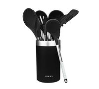 Cecotec Ustensiles De Cuisine En Silicone Polka Exclusive Wood&Rock. Set de 9 pièces Noir, Enduit Soft Touch et Manche en acier. Matériaux : Silicone, Nylon et PP, Avec support Polka