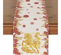 Celblisora Chemin de Table Blanc doré avec Signe du Zodiaque Chinois Cheval 2026, Bonne année, Fête du Printemps, Hiver, Cuisine, Table à Manger, Décoration pour la Maison, Fête, 33 x 183 cm