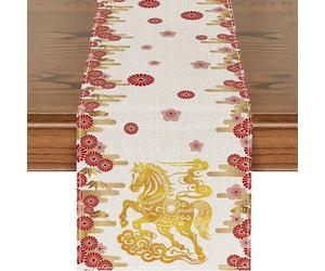 Celblisora Chemin de Table Blanc doré avec Signe du Zodiaque Chinois Cheval 2026, Bonne année, Fête du Printemps, Hiver, Cuisine, Table à Manger, Décoration pour la Maison, Fête, 33 x 183 cm