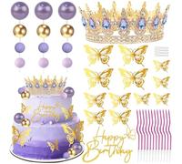 Celblisora Lot de 43 décorations de gâteau d'anniversaire violettes avec décoration de gâteau Happy Birthday, boules, papillons dorés, couronne de gâteau pour princesses, décoration de fête de mariage