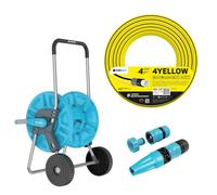 Cellfast Aluplus : chariot de tuyau en aluminium, 1/2", 60 mètres + Cellfast 4YELLOW : tuyau de jardin, 1/2", 50 mètres + Kit comprenant un embout de pulvérisation Cellfast Basic, 1/2"