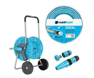Cellfast Aluplus : chariot de tuyau en aluminium, 1/2", 60 mètres + Cellfast IDEAL : tuyau de jardin, 1/2", 20 mètres + Kit comprenant un embout de pulvérisation Cellfast Basic, 1/2"