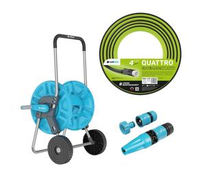 Cellfast Aluplus : chariot de tuyau en aluminium, 1/2", 60 mètres + Cellfast Quattro : tuyau de jardin, 1/2", 50 mètres + Ensemble comprenant : pistolet de pulvérisation Cellfast Basic, 1/2"
