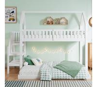 Cenbunsh Lit superposé avec escalier et protection anti-chute en pin massif avec grille pour plus de sécurité, 90 x 200 et 140 x 190 cm, blanc