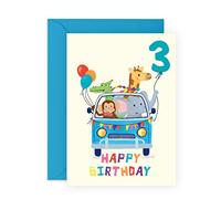 Central 23 Carte anniversaire 3 ans pour garçons - animaux de voiture pour enfants de 3 ans - Carte de vœux d'anniversaire pour enfant - Fils - Tout-petit - Livrée avec autocollants