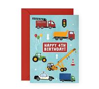 Central 23 Carte d'anniversaire colorée pour garçons 4e anniversaire 4 ans Carte de vœux pour camion tracteur et voiture Carte amusante sur le thème du véhicule pour enfants fils petitfils