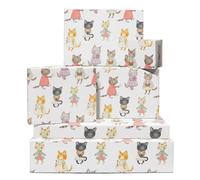 CENTRAL 23 Lot de 6 feuilles de papier cadeau en forme de chat - Chats portant des robes - Lot de 6 feuilles de papier cadeau pour elle - Papier cadeau blanc - Livré avec des autocollants - Recyclable