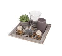ootb Objet de Décoration/Assiette Carré Naturelle en Bois avec Porte-Bougie, Bougies et Pierres Décoratives