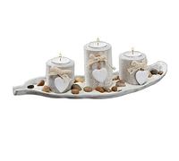 Cepewa - Lot de photophores maritimes, en blanc vieilli, sur une feuille avec un plateau aspect bougie, avec sable et cœur - Décoration pour bougies chauffe-plat, plage