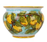 Cerames Caltagirone Vaso di Limoni Rotondo chiaro M Pot de fleurs en céramique de style sicilien italien pour intérieur et rebord de fenêtre Ø 27 cm Hauteur 20 cm
