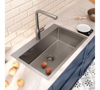 CERAMIA Timeless Évier de Cuisine Encastrable 1 Bac 68x45 cm Inox 304 | Finition Gun Metal Brossé PVD | Installation facile