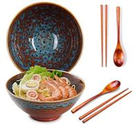 Ceraozmus Lot de 2 bols à ramen en céramique - 1200ml - 20 cm - avec cuillère et baguettes pour soupe de ramen, pho, udon, nouilles asiatiques, grands bols à nouilles (Glaçage Œil de Chat 2 Set)