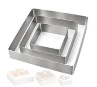 Cercle à Pâtisserie Carré, 3 Pièces, Acier Inoxydable 10/15/20cm | Acier inox alimentaire, haute température, réutilisable, facile nettoyage, robuste, pour pâtisserie et boulangerie.