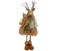 Cerf décoratif XXL, renne décoratif, chevreuil avec bois, figurine de renne, cerf en textile debout avec ski, écharpe et chaussures d'hiver en blanc/marron ; dimensions d'une sculpture de cerf : L/l/H