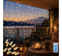 CERIAL Rideau Lumineux Solaire Noel Extérieur, 2 x 2 m 200 LED mini guirlande lumineuse à incandescence, guirlande lumineuse féerique, fil vert, solaires d'extérieur de jardin avec télécommande