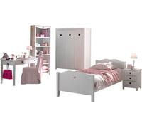 Cet ensemble Amori comprend un lit Amori de 90 x 200 cm avec sommier à lattes, une table de chevet Amori, une armoire Amori à 3 portes, un bureau Amori et une bibliothèque Amori.