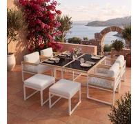 Cet ensemble de mobilier de jardin composé de 7 pièces peut accueillir 6 personnes. Il comprend un plateau de table en verre entouré d'une corde en polyester et muni de mains courantes