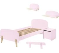 Cet ensemble KIDDY rose comprend un lit (90 x 200 cm), une table de chevet, deux étagères murales (45 et 65 cm) et une barrière de sécurité.