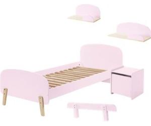 Cet ensemble KIDDY rose comprend un lit (90 x 200 cm), une table de chevet, deux étagères murales (45 et 65 cm) et une barrière de sécurité.