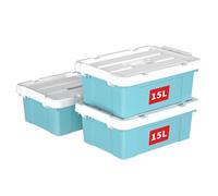 Cetomo 15L*3 Boîte de Rangement, Bac de rangement avec Poignée, Plastique Organisateur avec Couvercle, Empilable, Transportable, pour Vêtements, Bureau, Chambre, Dortoirs, Bleu, 15L - Lot de 3