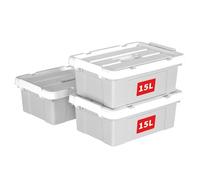 Cetomo 15L*3 Boîte de Rangement, Bac de rangement avec Poignée, Plastique Organisateur avec Couvercle, Empilable, Transportable, pour Vêtements, Bureau, Chambre, Dortoirs, Gris, 15L - Lot de 3