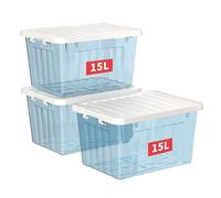 Cetomo 15L*3 Boîtes de Rangement avec Couvercles, Boîte de Rangement en Plastique avec Fermetures à Clipser, Empilable, Encastrable, pour Placard de Bureau à Domicile, Bleu Transparent, 15L, Lot de 3