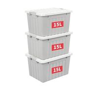 Cetomo 15L*3 Boîtes de Rangement avec Couvercles, Boîte de Rangement en Plastique avec Fermetures à Clipser, Empilable, Encastrable, pour Placard de Bureau à Domicile, Gris, 15L, Lot de 3