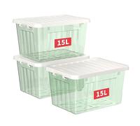 Cetomo 15L*3 Boîtes de Rangement avec Couvercles, Boîte de Rangement en Plastique avec Fermetures à Clipser, Empilable, Encastrable, pour Placard de Bureau à Domicile, Vert Transparent, 15L, Lot de 3