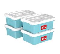 Cetomo 15L*4 Boîte de Rangement, Bac de rangement avec Poignée, Plastique Organisateur avec Couvercle, Empilable, Transportable, pour Vêtements, Bureau, Chambre, Dortoirs, Bleu, 15L - Lot de 4