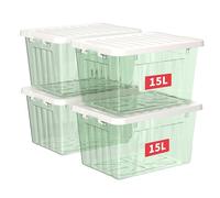 Cetomo 15L*4 Boîtes de Rangement avec Couvercles, Boîte de Rangement en Plastique avec Fermetures à Clipser, Empilable, Encastrable, pour Placard de Bureau à Domicile, Vert Transparent, 15L, Lot de 4