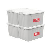 Cetomo 15L*4 Boîtes de Rangement avec Couvercles, Boîte de Rangement en Plastique avec Fermetures à Clipser, Empilable, Encastrable, pour Placard de Bureau à Domicile, Gris, 15L, Lot de 4