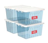 Cetomo 15L*4 Boîtes de Rangement avec Couvercles, Boîte de Rangement en Plastique avec Fermetures à Clipser, Empilable, Encastrable, pour Placard de Bureau à Domicile, Bleu Transparent, 15L, Lot de 4