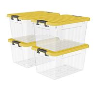 Cetomo 15L*4 Boîtes de Rangement avec Couvercles, Boîte de Rangement en Plastique avec Fermetures à Clipser, Empilable, Encastrable, pour Placard de Bureau à Domicile, Clair & Jaune, 15L, Lot de 4