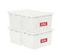 Cetomo 15L*4 Boîtes de Rangement avec Couvercles, Boîte de Rangement en Plastique avec Fermetures à Clipser, Empilable, Encastrable, pour Placard de Bureau à Domicile, Blanc, 15L, Lot de 4