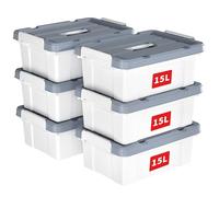 Cetomo 15L*6 Boîte de Rangement, Bac de rangement avec Poignée, Plastique Organisateur avec Couvercle, Empilable, Transportable, pour Vêtements, Bureau, Chambre, Dortoirs, Blanc, 15L - Lot de 6