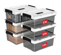 Cetomo 15L*6 Boîte de Rangement, Bac de rangement avec Poignée, Plastique Organisateur avec Couvercle, Empilable, Transportable, pour Vêtements, Bureau, Dortoirs, Transparent Noir, 15L - Lot de 6
