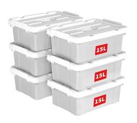 Cetomo 15L*6 Boîte de Rangement, Bac de rangement avec Poignée, Plastique Organisateur avec Couvercle, Empilable, Transportable, pour Vêtements, Bureau, Chambre, Dortoirs, Gris, 15L - Lot de 6