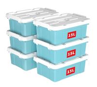 Cetomo 15L*6 Boîte de Rangement, Bac de rangement avec Poignée, Plastique Organisateur avec Couvercle, Empilable, Transportable, pour Vêtements, Bureau, Chambre, Dortoirs, Bleu, 15L - Lot de 6