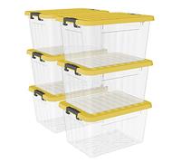 Cetomo 15L*6 Boîtes de Rangement avec Couvercles, Boîte de Rangement en Plastique avec Fermetures à Clipser, Empilable, Encastrable, pour Placard de Bureau à Domicile, Clair & Jaune, 15L, Lot de 6