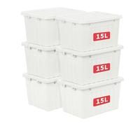 Cetomo 15L*6 Boîtes de Rangement avec Couvercles, Boîte de Rangement en Plastique avec Fermetures à Clipser, Empilable, Encastrable, pour Placard de Bureau à Domicile, Blanc, 15L, Lot de 6