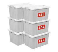 Cetomo 15L*6 Boîtes de Rangement avec Couvercles, Boîte de Rangement en Plastique avec Fermetures à Clipser, Empilable, Encastrable, pour Placard de Bureau à Domicile, Gris, 15L, Lot de 6