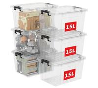 Cetomo 15L*6 Boîtes de Rangement avec Couvercles, Boîte de Rangement en Plastique avec Fermetures à Clipser, Empilable, Encastrable, pour Placard de Bureau à Domicile, Transparent, 15L, Lot de 6