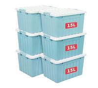 Cetomo 15L*6 Boîtes de Rangement avec Couvercles, Boîte de Rangement en Plastique avec Fermetures à Clipser, Empilable, Encastrable, pour Placard de Bureau à Domicile, Bleu, 15L, Lot de 6