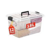 Cetomo 18L*12 Boîte de rangement en plastique avec poignées, Conteneur de rangement, adaptée à la maison et au bureau, facile à transporter, ultra-transparente, 18L - lot de 12