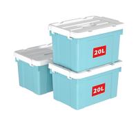 Cetomo 20L*3 Boîte de Rangement, Bac de rangement avec Poignée, Plastique Organisateur avec Couvercle, Empilable, Transportable, pour Vêtements, Bureau, Chambre, Dortoirs, Bleu, 20L - Lot de 3