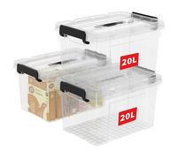 Cetomo 20L*3 Boîte de Rangement, Bac de rangement avec Poignée, Plastique Organisateur avec Couvercle, Empilable, Transportable, pour Vêtements, Bureau, Chambre, Dortoirs, Transparent, 20L - Lot de 3