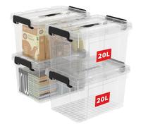 Cetomo 20L*4 Boîte de Rangement, Bac de rangement avec Poignée, Plastique Organisateur avec Couvercle, Empilable, Transportable, pour Vêtements, Bureau, Chambre, Dortoirs, Transparent, 20L - Lot de 4