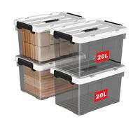 Cetomo 20L*4 Boîte de Rangement, Bac de rangement avec Poignée, Plastique Organisateur avec Couvercle, Empilable, Transportable, pour Vêtements, Bureau, Dortoirs, Transparent Noir, 20L - Lot de 4
