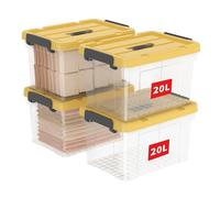 Cetomo 20L*4 Boîte de Rangement, Bac de rangement avec Poignée, Plastique Organisateur avec Couvercle, Empilable, Transportable, pour Vêtements, Bureau, Chambre, Dortoirs, Clair & Jaune, 20L-Lot de 4